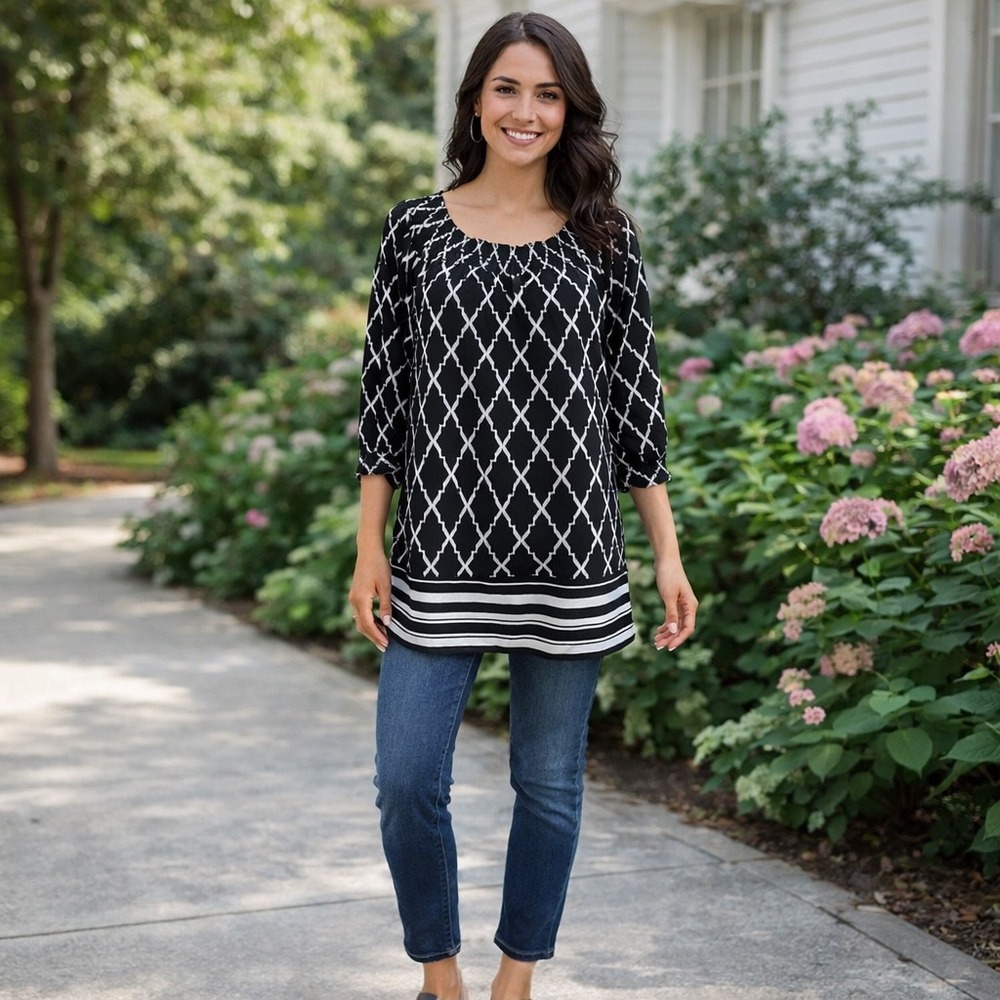 Chicos Boho Coastal Minimalist Tunic Top Black White Capsule Old Money‎ SZ 0